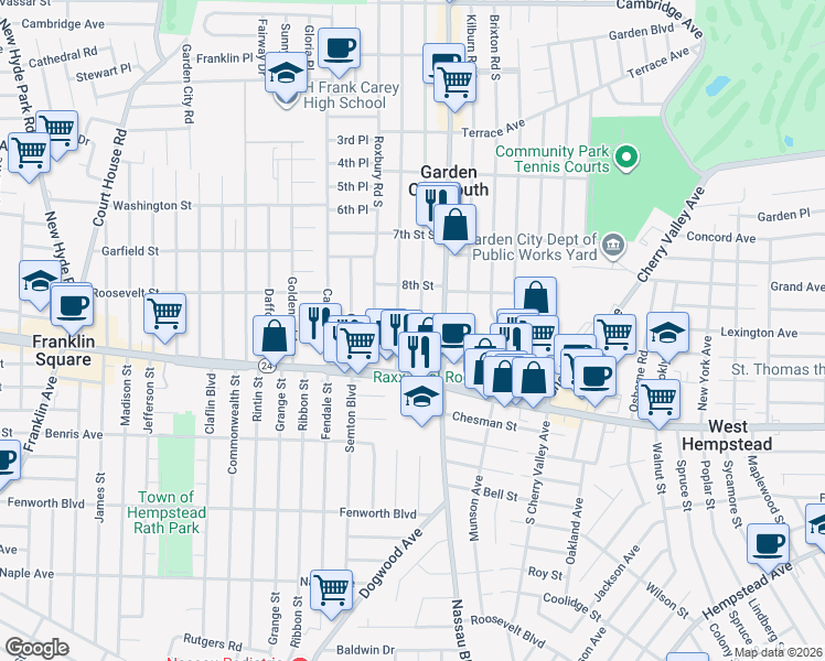 map of restaurants, bars, coffee shops, grocery stores, and more near 70 Euston Road South in West Hempstead