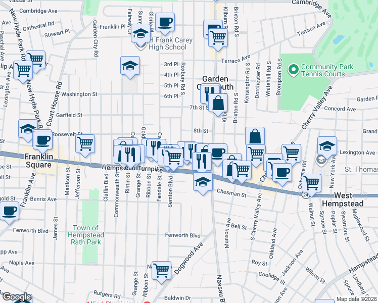 map of restaurants, bars, coffee shops, grocery stores, and more near 72 Roxbury Road South in Franklin Square