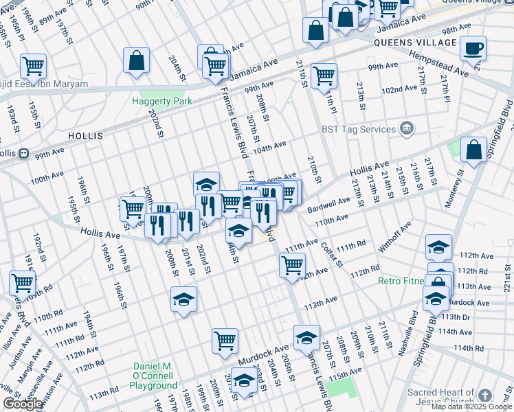 map of restaurants, bars, coffee shops, grocery stores, and more near 109-08 Francis Lewis Boulevard in Queens