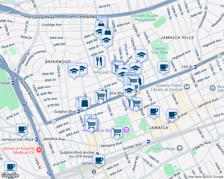 map of restaurants, bars, coffee shops, grocery stores, and more near 150-35 87th Avenue in Queens