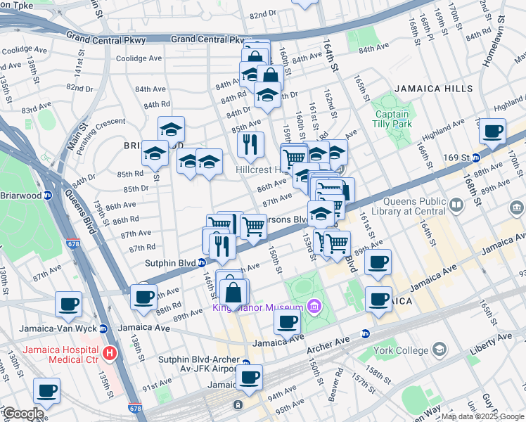 map of restaurants, bars, coffee shops, grocery stores, and more near 86-04 150th Street in Queens