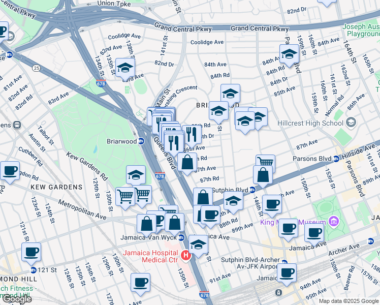 map of restaurants, bars, coffee shops, grocery stores, and more near 139-22 86th Avenue in Queens