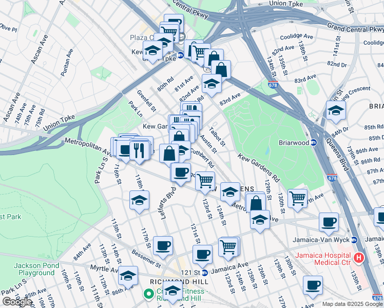 map of restaurants, bars, coffee shops, grocery stores, and more near 84-15 Cuthbert Road in Queens