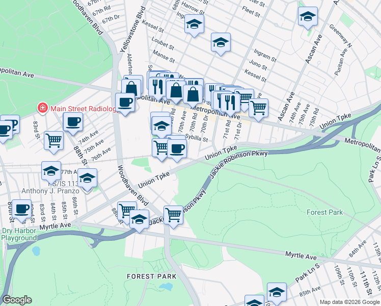 map of restaurants, bars, coffee shops, grocery stores, and more near 70-02 Sybilla Street in Queens