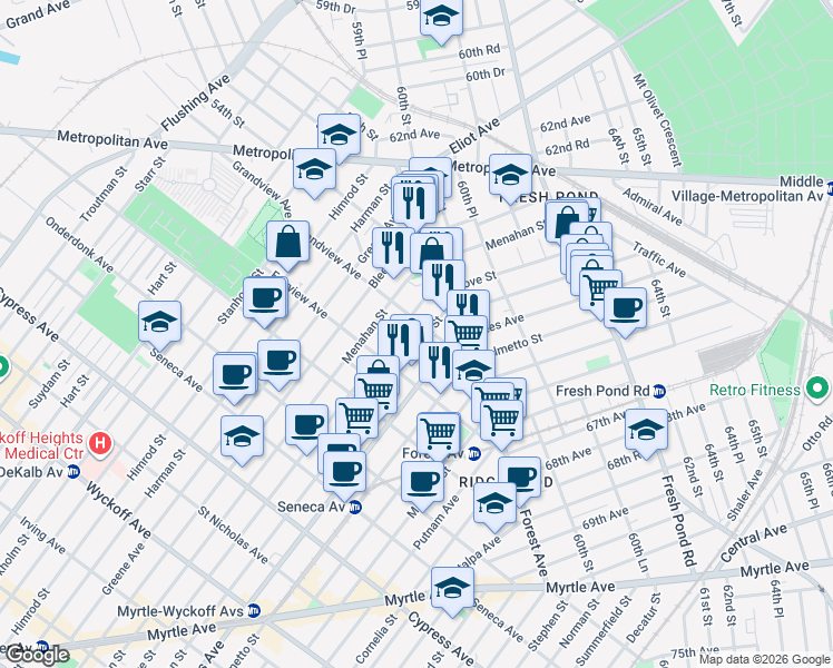map of restaurants, bars, coffee shops, grocery stores, and more near 21-12 Grove Street in Queens