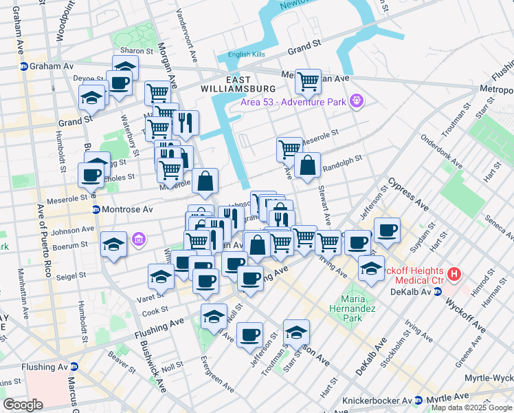 map of restaurants, bars, coffee shops, grocery stores, and more near 465 Johnson Avenue in Brooklyn