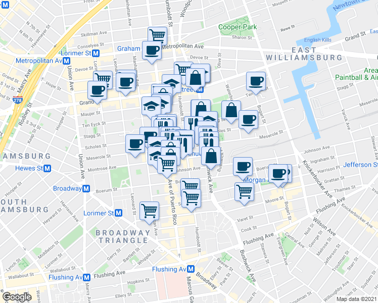 map of restaurants, bars, coffee shops, grocery stores, and more near in Brooklyn