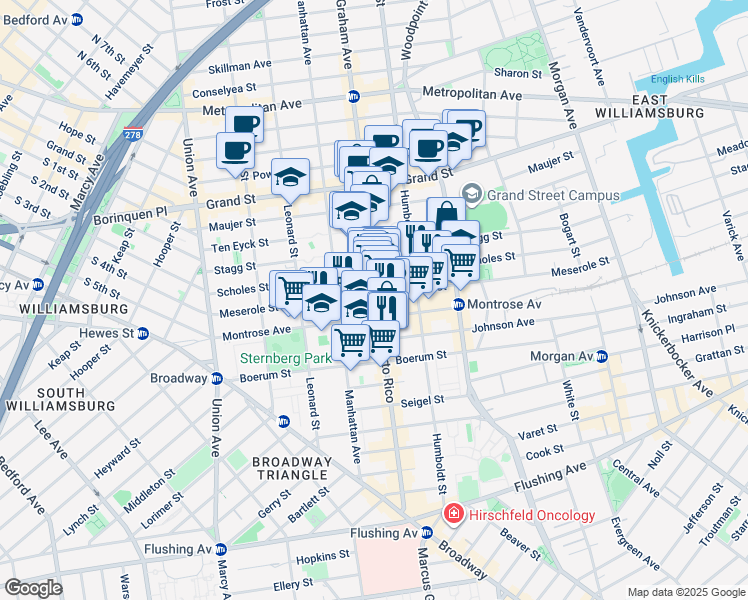 map of restaurants, bars, coffee shops, grocery stores, and more near 142 Scholes Street in Brooklyn