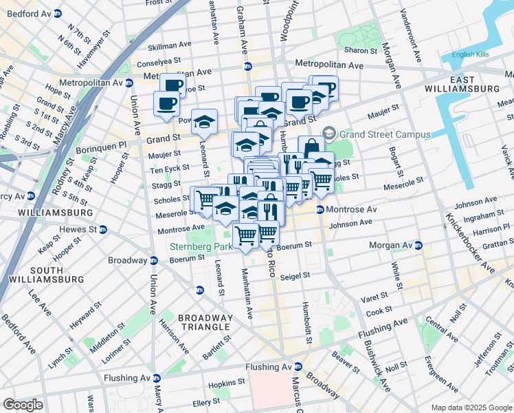 map of restaurants, bars, coffee shops, grocery stores, and more near 142 Scholes Street in Brooklyn