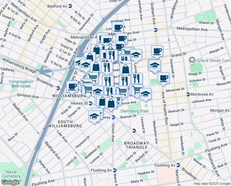 map of restaurants, bars, coffee shops, grocery stores, and more near 14 Stagg Street in Brooklyn