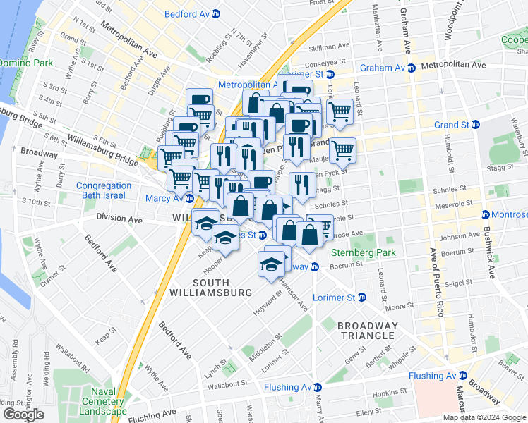 map of restaurants, bars, coffee shops, grocery stores, and more near in Brooklyn