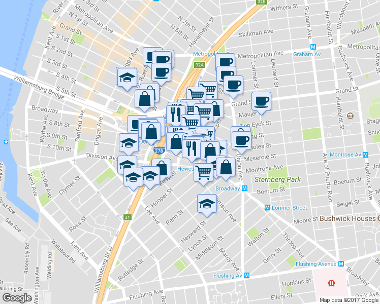 map of restaurants, bars, coffee shops, grocery stores, and more near 338 South 4th Street in Brooklyn