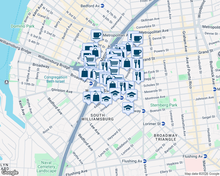 map of restaurants, bars, coffee shops, grocery stores, and more near 338 South 4th Street in Brooklyn