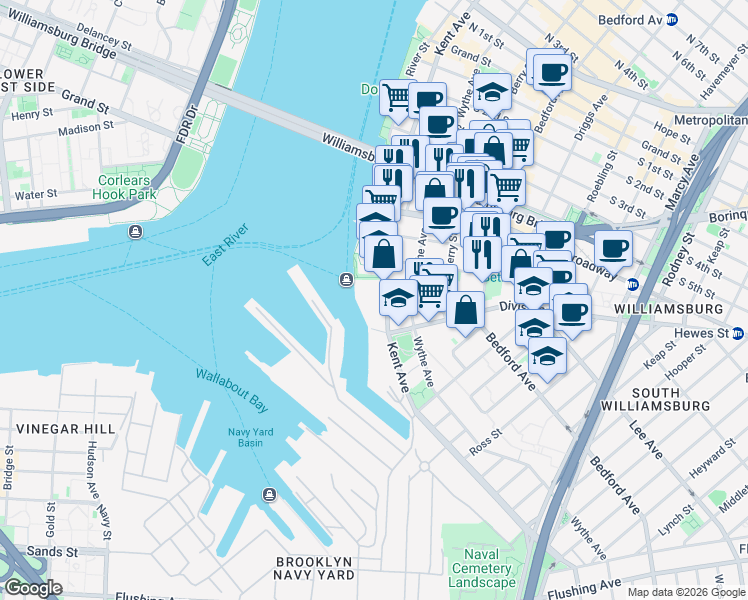 map of restaurants, bars, coffee shops, grocery stores, and more near 484 Kent Avenue in Brooklyn