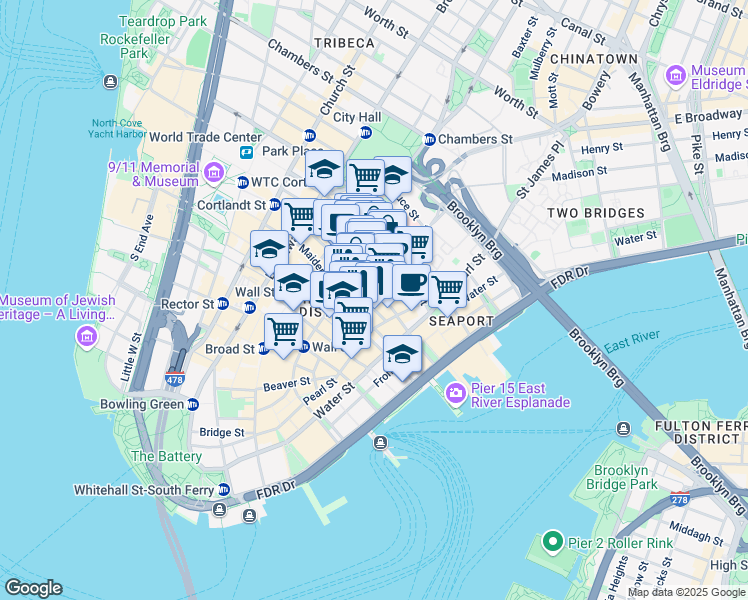 map of restaurants, bars, coffee shops, grocery stores, and more near 66 John Street in New York