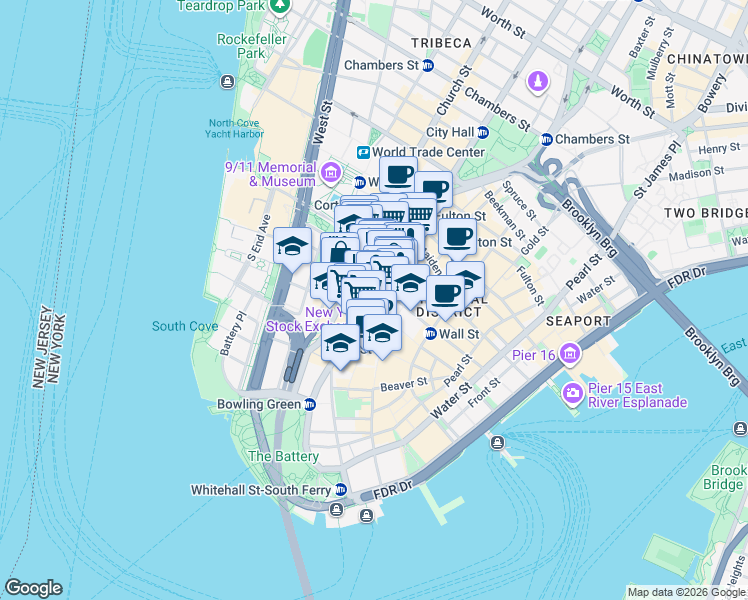 map of restaurants, bars, coffee shops, grocery stores, and more near 75 Broadway in New York