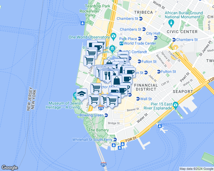 map of restaurants, bars, coffee shops, grocery stores, and more near 100 Washington Street in New York