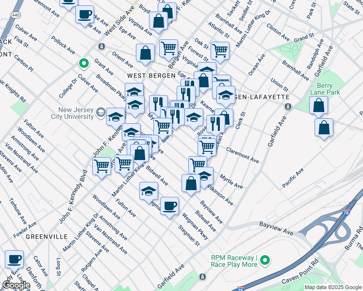 map of restaurants, bars, coffee shops, grocery stores, and more near 146 Myrtle Avenue in Jersey City