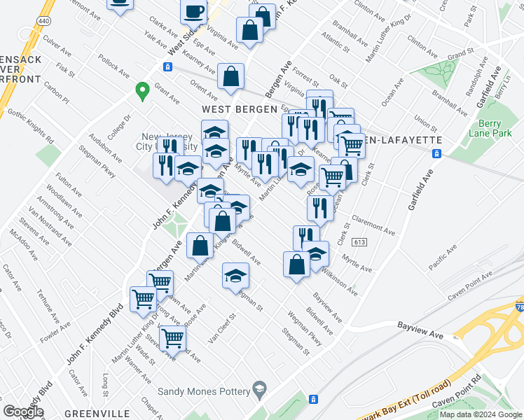 map of restaurants, bars, coffee shops, grocery stores, and more near in Jersey City