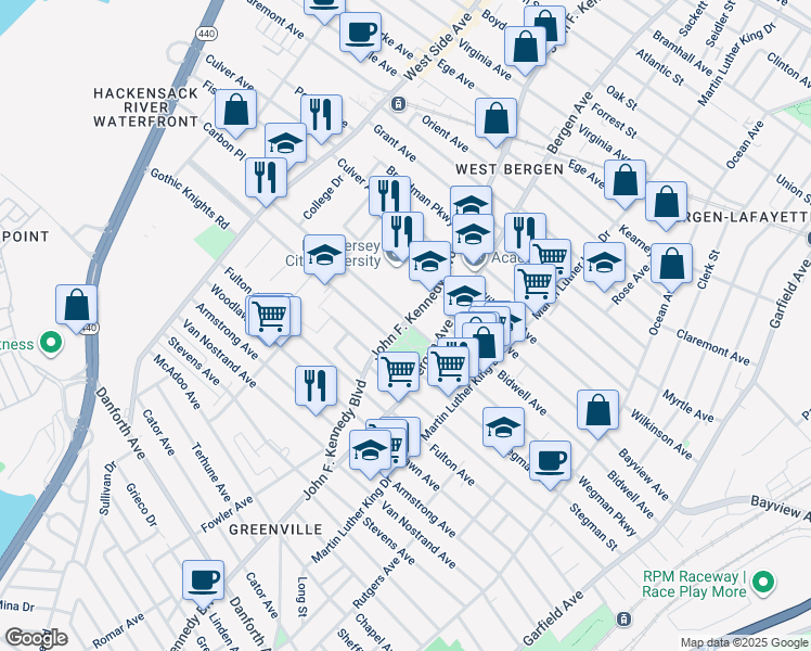 map of restaurants, bars, coffee shops, grocery stores, and more near 49 Audubon Avenue in Jersey City