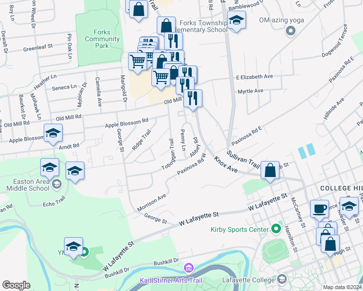 map of restaurants, bars, coffee shops, grocery stores, and more near 59 Penny Lane in Easton