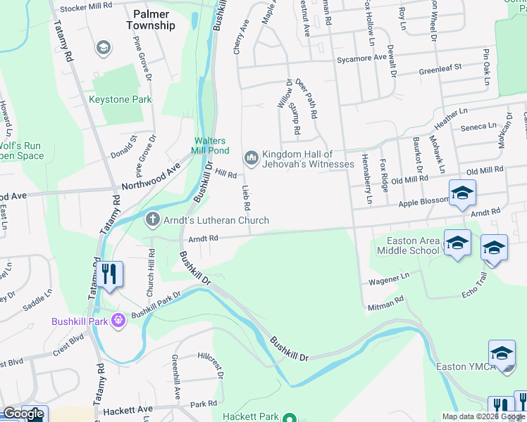 map of restaurants, bars, coffee shops, grocery stores, and more near 1301 Lieb Road in Easton