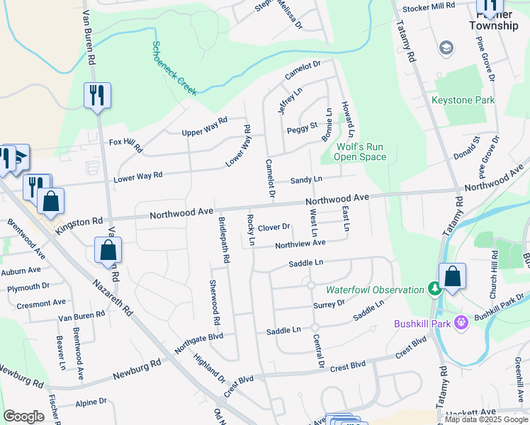map of restaurants, bars, coffee shops, grocery stores, and more near 2627 Northwood Avenue in Easton