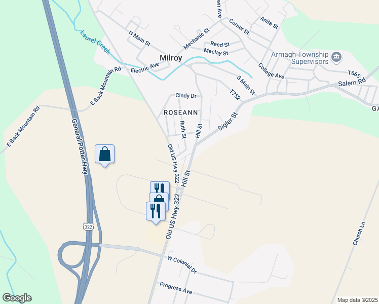 map of restaurants, bars, coffee shops, grocery stores, and more near 6 Acacia Court in Milroy