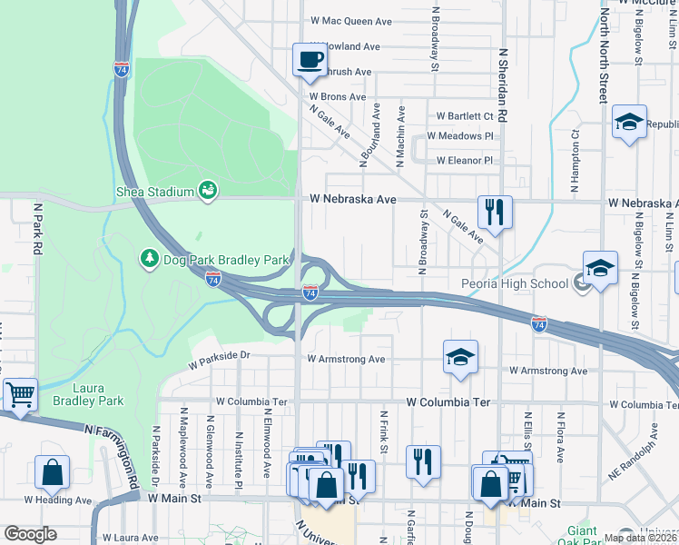 map of restaurants, bars, coffee shops, grocery stores, and more near 1709 North Valley Avenue in Peoria