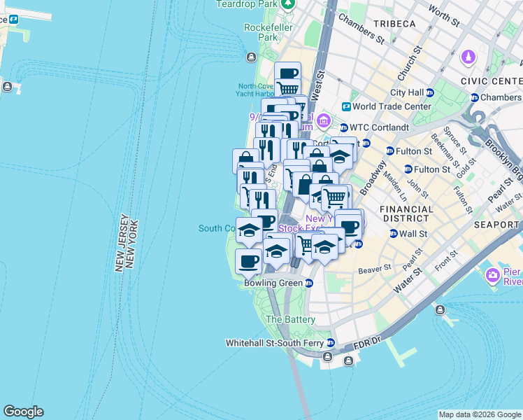 map of restaurants, bars, coffee shops, grocery stores, and more near 2 South End Avenue in New York