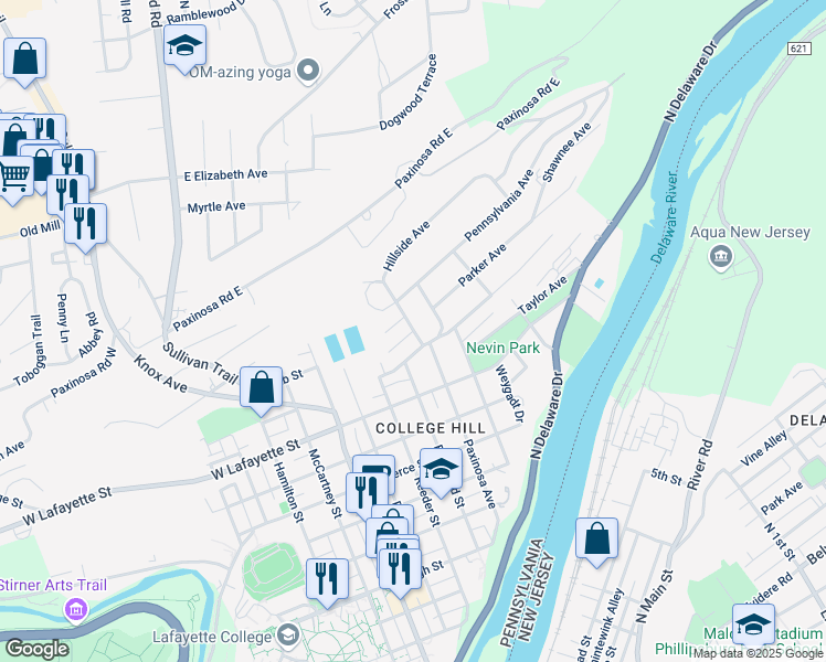map of restaurants, bars, coffee shops, grocery stores, and more near 1 1st Terrace in Easton