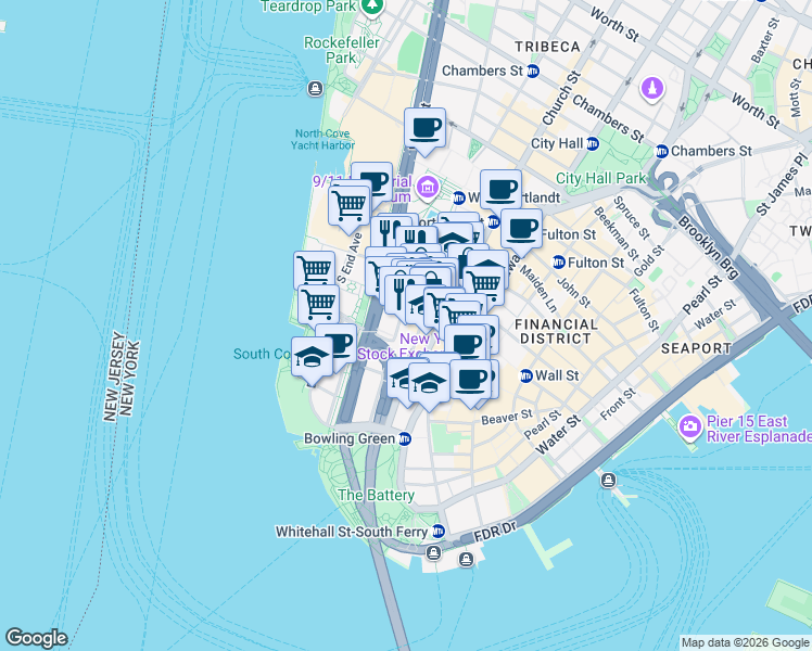 map of restaurants, bars, coffee shops, grocery stores, and more near 90 Greenwich Street in New York