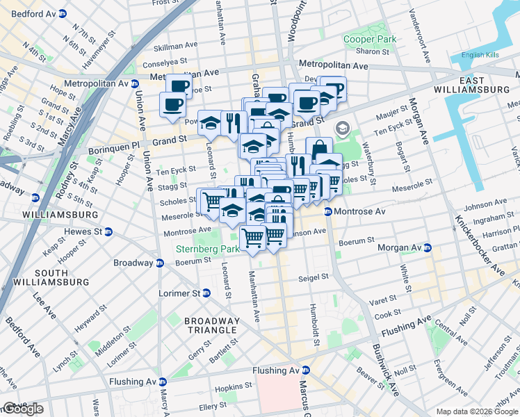 map of restaurants, bars, coffee shops, grocery stores, and more near 142 Scholes Street in Brooklyn