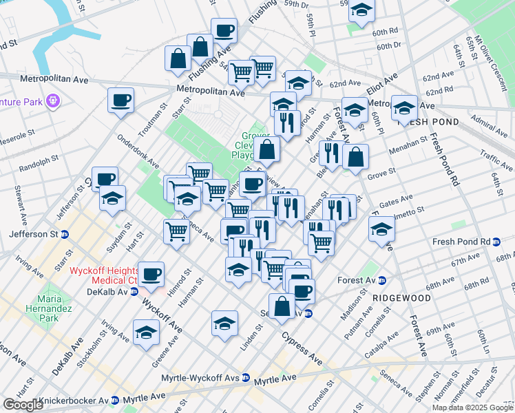 map of restaurants, bars, coffee shops, grocery stores, and more near Harman St & Woodward Ave in Queens