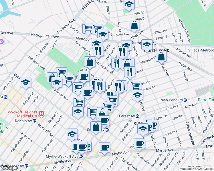 map of restaurants, bars, coffee shops, grocery stores, and more near 20-13 Bleecker Street in Queens