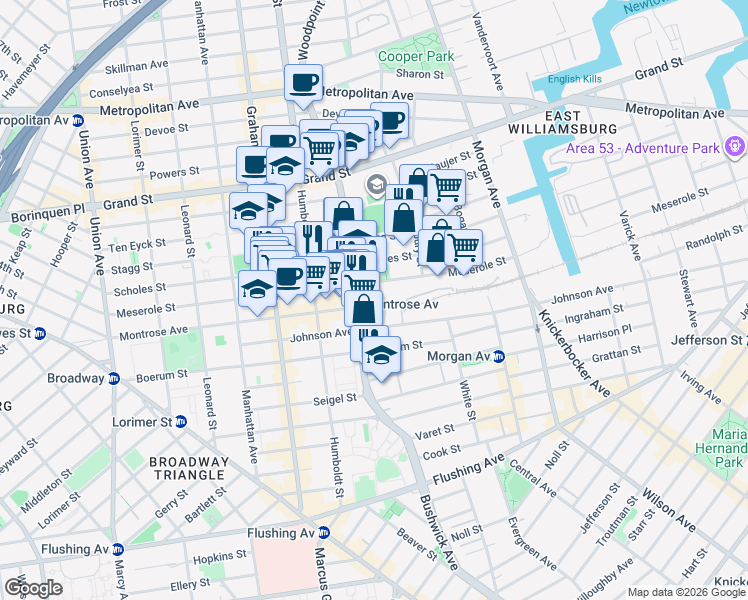 map of restaurants, bars, coffee shops, grocery stores, and more near 245 Montrose Avenue in Brooklyn