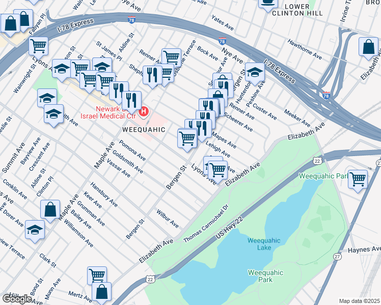 map of restaurants, bars, coffee shops, grocery stores, and more near in Newark