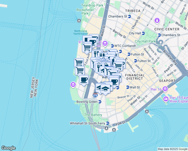 map of restaurants, bars, coffee shops, grocery stores, and more near 50 West Street in New York