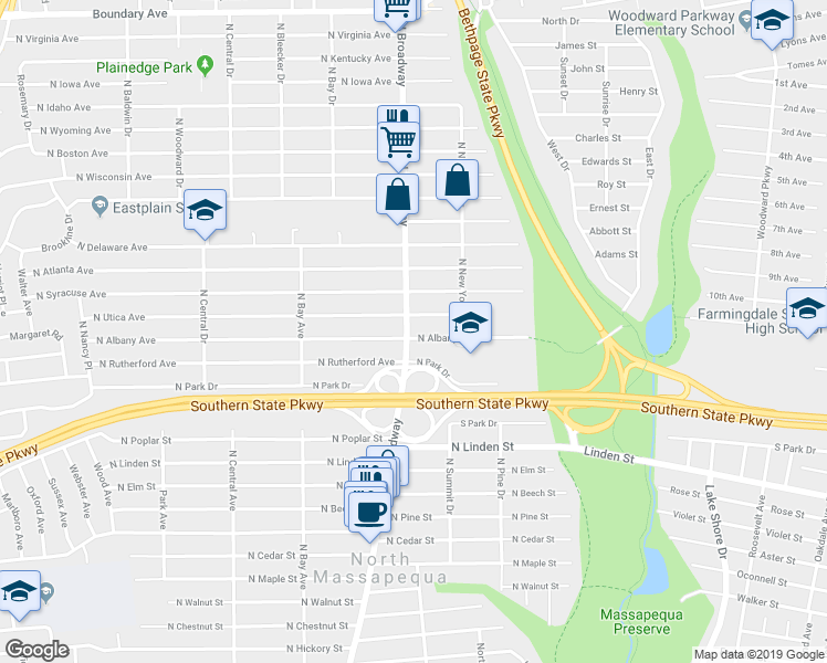 map of restaurants, bars, coffee shops, grocery stores, and more near 1004 North Broadway in Massapequa