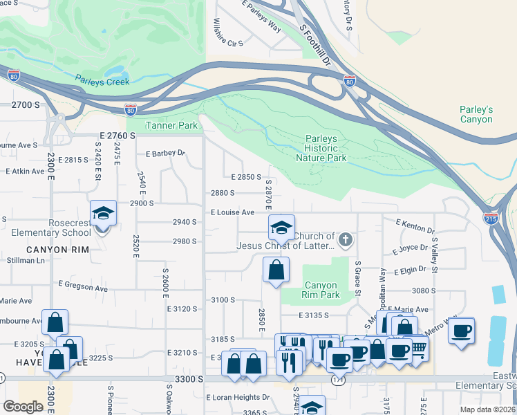 map of restaurants, bars, coffee shops, grocery stores, and more near 2841 East Louise Avenue in Salt Lake City