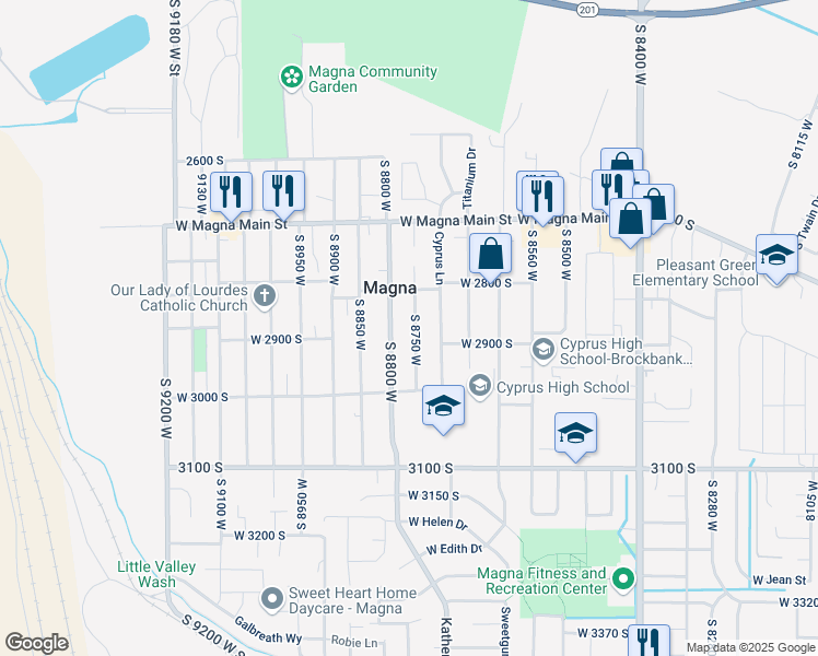 map of restaurants, bars, coffee shops, grocery stores, and more near 2880 Merton Way in Magna