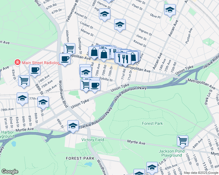 map of restaurants, bars, coffee shops, grocery stores, and more near 70-56 Walnut Street in Queens