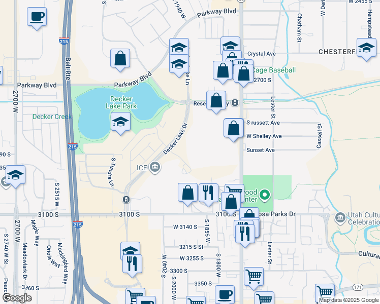 map of restaurants, bars, coffee shops, grocery stores, and more near 2875 Decker Lake Drive in West Valley City