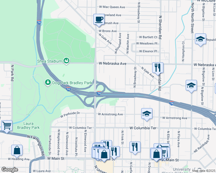 map of restaurants, bars, coffee shops, grocery stores, and more near 1709 North Valley Avenue in Peoria