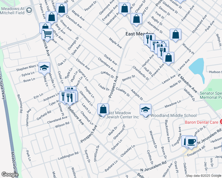map of restaurants, bars, coffee shops, grocery stores, and more near 515 Linda Drive in East Meadow
