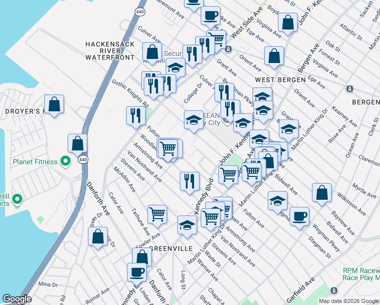 map of restaurants, bars, coffee shops, grocery stores, and more near 339 Stegman Parkway in Jersey City