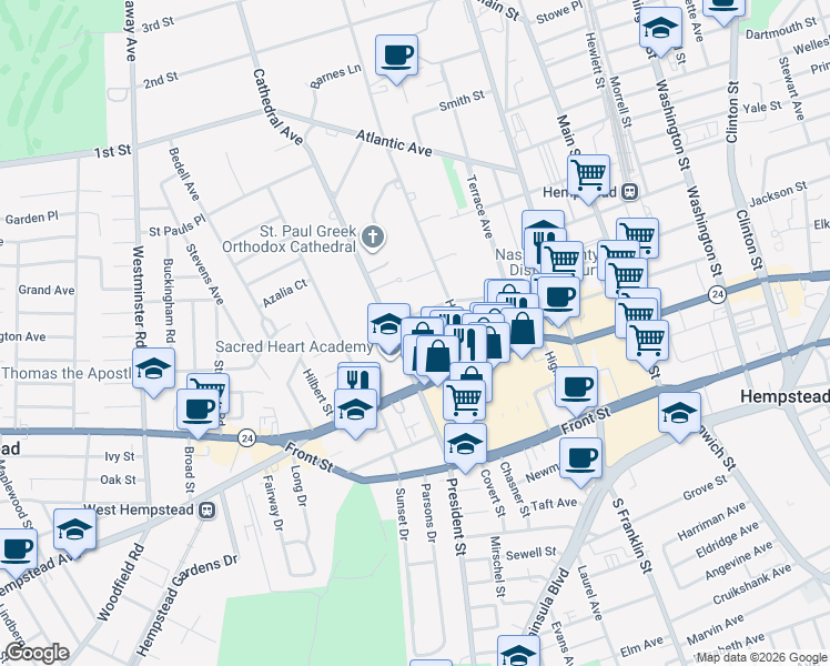 map of restaurants, bars, coffee shops, grocery stores, and more near 36 Cathedral Avenue in Hempstead