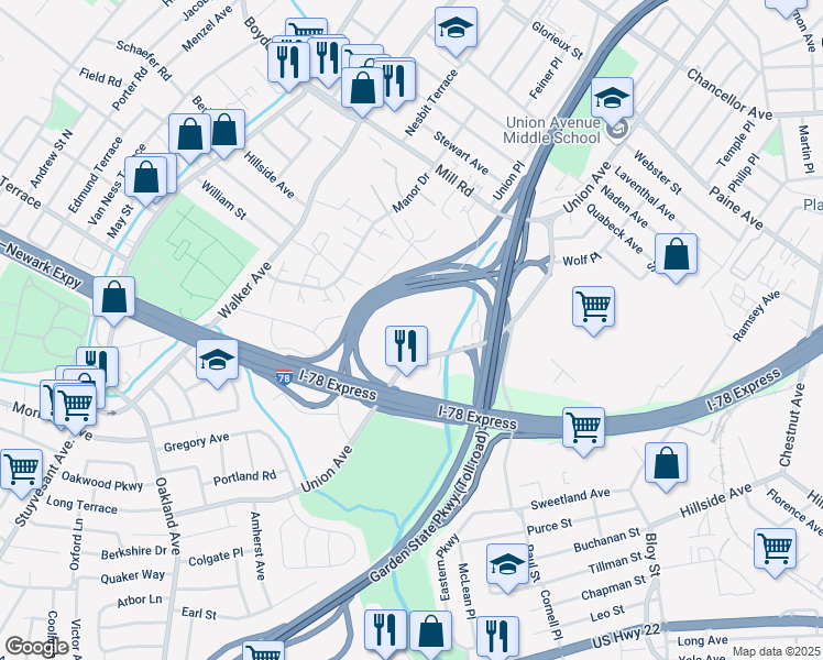 map of restaurants, bars, coffee shops, grocery stores, and more near 750 Union Avenue in Union