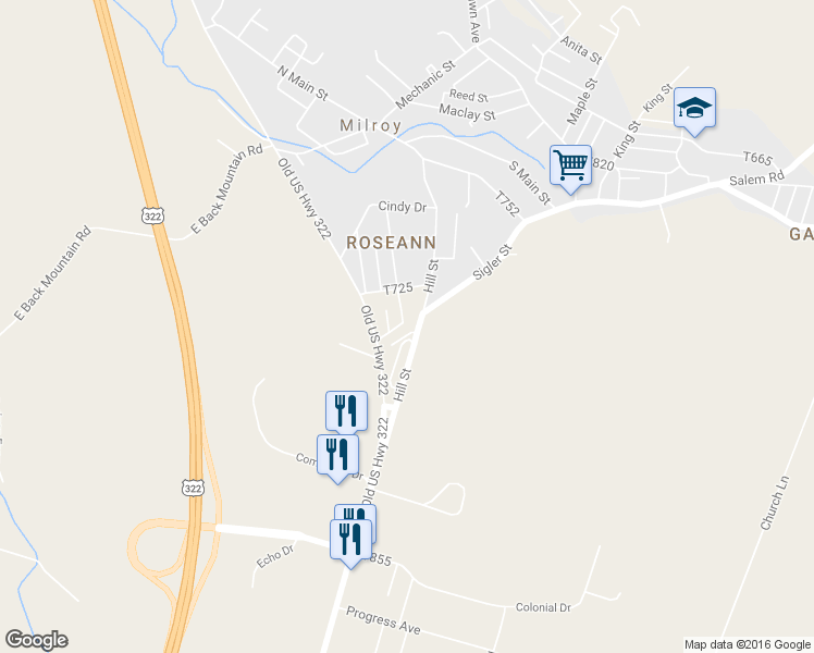 map of restaurants, bars, coffee shops, grocery stores, and more near 6 Acacia Court in Milroy