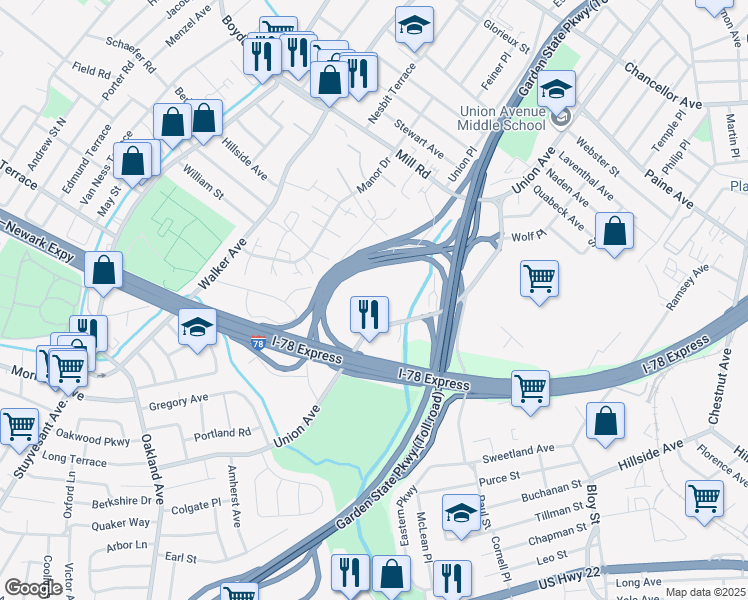 map of restaurants, bars, coffee shops, grocery stores, and more near 750 Union Avenue in Union